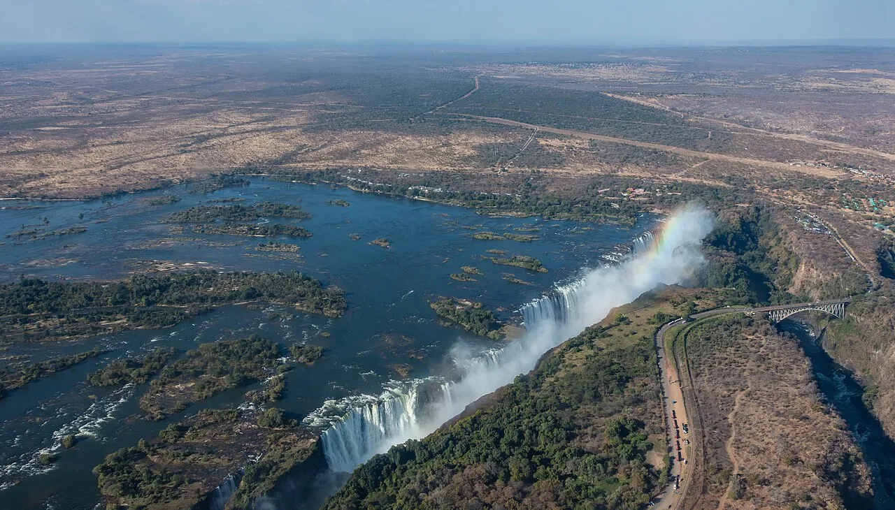 Victoria Falls on the Zambezi River, straddling the border between Zambia and Zimbabwe.