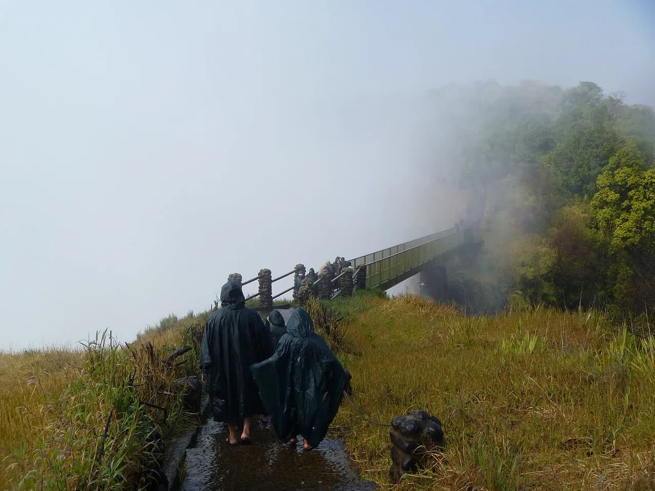 A footbridge over the spray and rapids near Victoria Falls on the Livingstone, Zambia side of the Zambezi River.